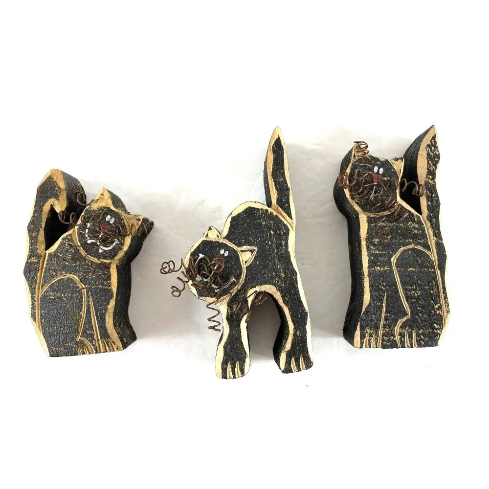 3 Vintage Wood Cats Hand Carved Whiskers Figurines Halloween
